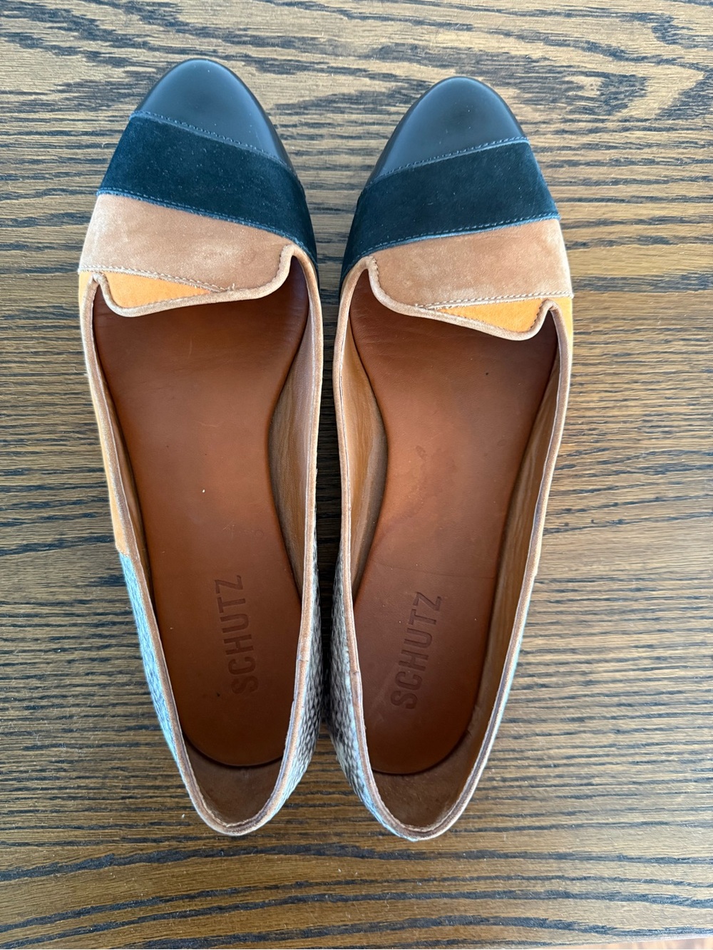 SCHUTZ Orange, Black & Snake-Print Cap-Toe Flats - Picture 2 of 4